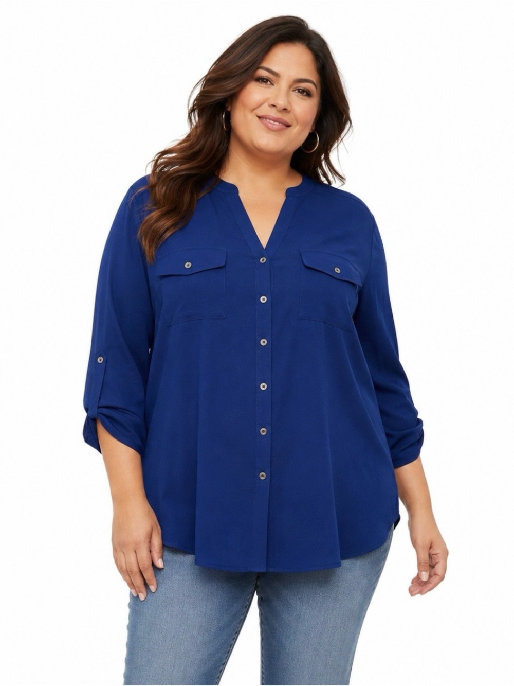 NWT Notations Woman 3X Blue Crepe Roll-Tab Sleeve Button Front Blouse Top